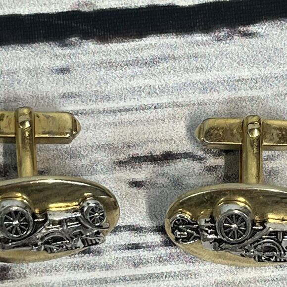 Vintage Set of 4 Mens Cufflinks Antique Cars Circles Mother of Pearl Gold Silver - Picture 6 of 10